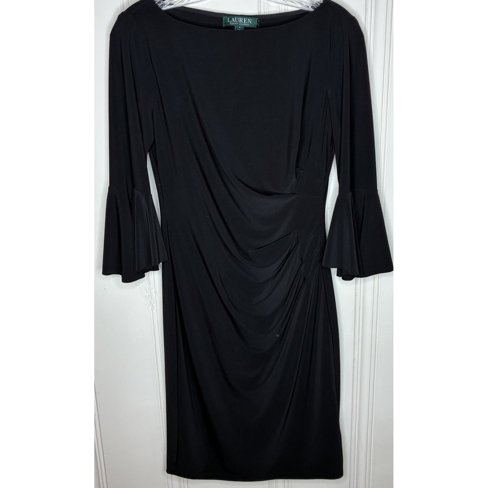 Lauren Ralph Lauren black sheath dress Sz 4 elegant bell sleeve cocktail evening